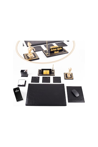 Opta 10 Parça Şahlanan At Biblolu Siyah Deri Sümen Seti Takımı Gold Kalem Ofis Masa İsimliği Lüks İsimlik