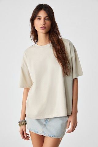 Grimelange LAGERTHA Kadın %100 organik Pamuklu Kalın Dokulu Oversize Fit Yuvarlak Yakalı Taş Rengi T-Shirt