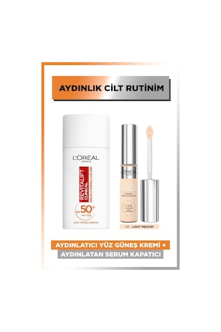 L'Oréal Paris Aydınlatıcı Yüz Güneş Kremi SPF50+ 50 ML + Aydınlatan Serum Kapatıcı 2R Light Medium 11 ML