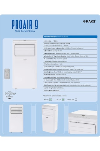 Raks Proair 9 9000 BTU Uzaktan Kumandalı Mobil Portatif Klima Beyaz