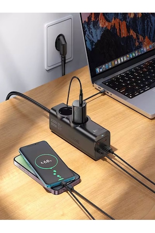 67w Gan Hızlı Şarjlı Kablolu Priz 3x Type-c + 1x Usb + 2'li Priz 1.5m Uzatma Kablosu Siyah 1,5 m