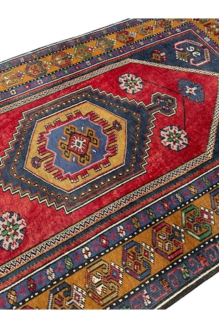 El Dokuma Eskitme İnce Yahyalı 101x175 Kırmızı Lacivert Yün Halı Kırmızı