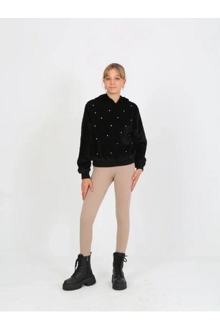 Kız Çocuk Taşlı Peluş Kapüşonlu Sweatshirt-14827 Siyah