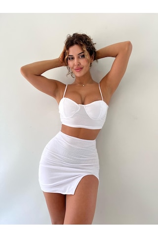 Pink Life Beyaz Simli Gloplu Askılı Mini Yırtmaç Detaylı Ikili Takım-Beyaz Simli Beyaz