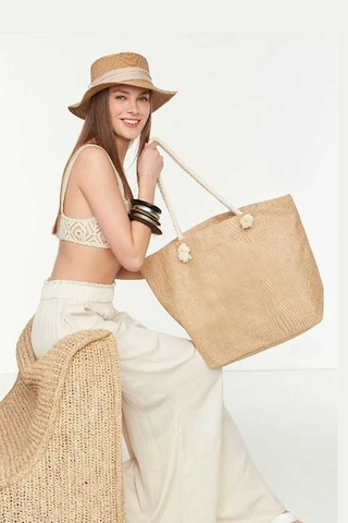 Hasır Plaj Çantası - Jüt Kumaş Plaj Çantası Açık Kahverengi