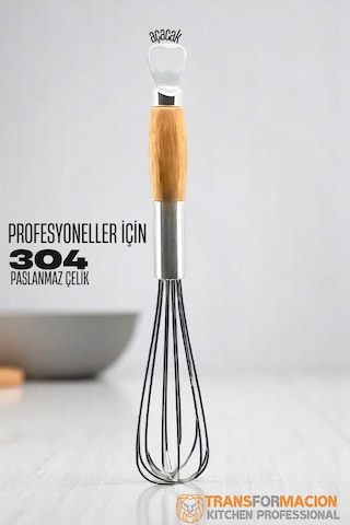 Dekorasyaa Ahşap Saplı Açacaklı Çırpıcı 304 Paslanmaz Çelik Yumurta Ve Sos Çırpıcı Çırpma Teli 31cm Çelik