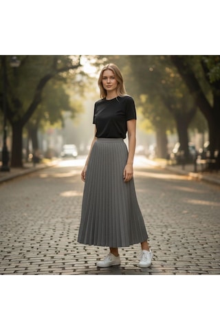 Eren Style Pileli Pamuklu Diyagona Beli Lastikli Etek 95 Cm - 38-50 Gri