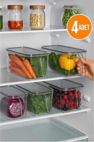 4'lü Kulplu Şeffaf Buzdolabı Organizeri Gıda Saklama Düzenleyici Seti 3.60 L Şeffaf Gri