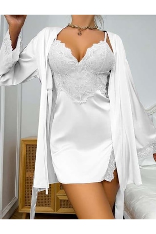 Dantel İşlemeli İnce Askılı Beyaz 2'li Saten Gecelik Sabahlık Takımı Beyaz