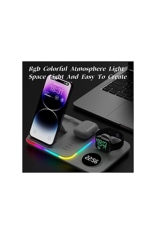 A82 5in1 Telefon Saat Kulaklık Wireless Şarj Cihazı Rgb Işıklı Katlanabilir 30w Kablosuz Şarj