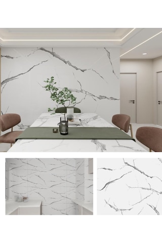 120cm X 3 Metre Rulo Premium Beyaz Mermer Desenli Yapışkanlı Duvar Paneli Kağıdı Ev Ofis Basıc Beyaz