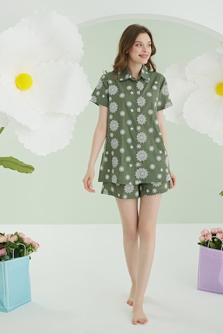 Nbb Kadın Yeşil Çiçek Desenli Şortlu Önden Düğmeli Pijama Takımı YESIL