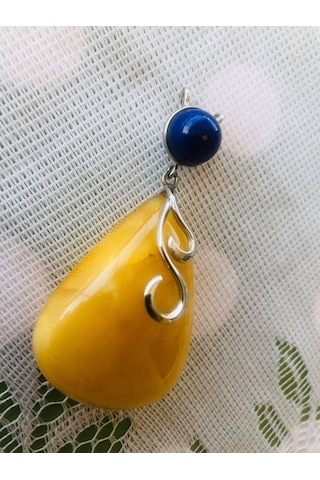 Doğal Kaya Damla Kehribar Lapis Lazuli Taşlı Kolye Ucu 19,05 Gram