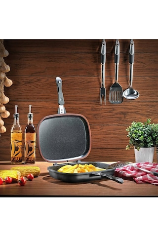 Schafer Diva Double İkili Ayrılabilir Grill Pan Kare Çift Taraflı Tava 2 Parça Siyah