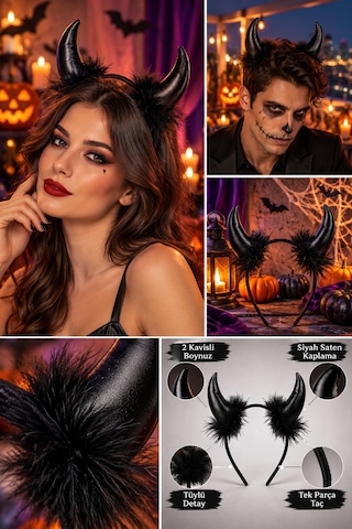 Halloween Cadılar Bayramı Siyah Saten Tüylü Şeytan Boynuzlu Taç Parti Ve Kostüm Saç Aksesuarı