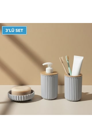 3 Parça Banyo Seti Modern Çizgili Tasarım Sıvı Sabunluk Diş Fırçalık Katı Sabunluk Gri