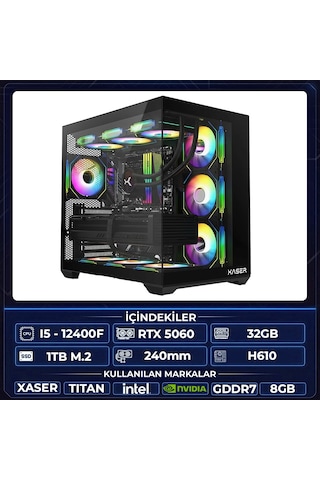 Xaser Titan X50 i5-12400F 32 GB 1 TB M.2 NVMe SSD 8 GB RTX5060 Free Dos Masaüstü Oyuncu Bilgisayarı