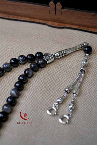 Labradorit Taşlı 33 Lü Erkek Tesbih Doğal Taş, Ahşap Kutulu Çok Renkli