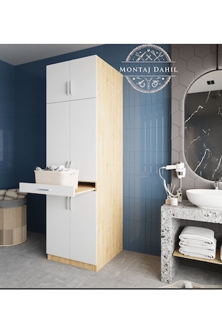 Piramit Çamaşır Ve Kurutma Makinesi Dolabı Banyo Dolabı Meşe Beyaz Beyaz - Meşe