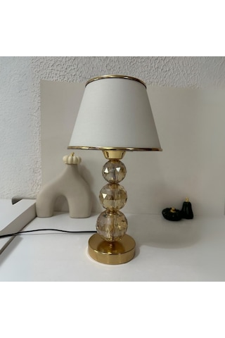 Mooncher Cam Gövdeli Gold Metal Abajur Altın Şeritli Krem Kumaş Başlık Gece Lambası Krem - Gold