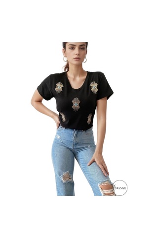 Cassime Kadın Kadın Siyah V Yaka Göz Pul Ve Nakış Işlemeli Tişört S-m-l-xl-2xl-3xl