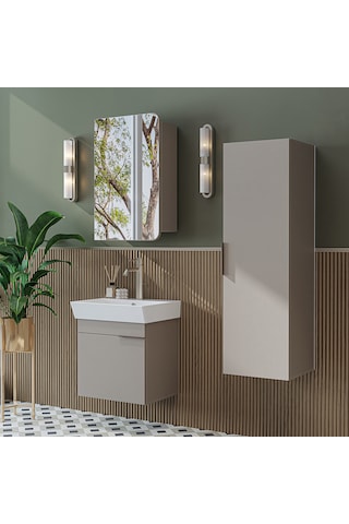 Likya Kapaklı Lavabolu 50 Cm Banyo Alt Dolabı + Üst Dolabı + Banyo Boy Dolabı Kumtaşı