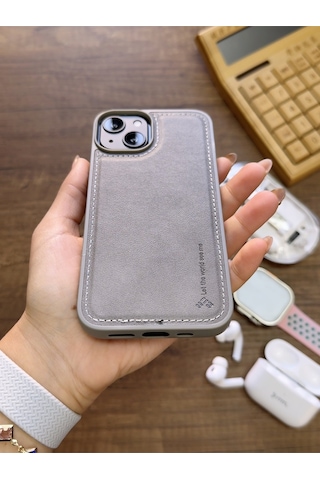 Apple iPhone 13 Uyumlu Premium Deri Dokulu Darbelere Karşı Dayanıklı Nazal Silikon Kılıf Gri