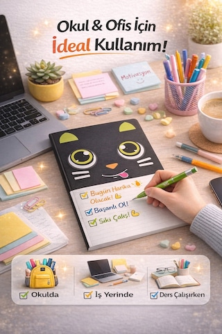 Kedi Desenli A4 Çizgili Defter 80 Yaprak 1 Adet Siyah Büyük Gözlü Tasarım