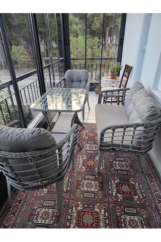 Kartepe Galvaniz Boru 2 1 1 Sehpa 60 90 Rattan Bahçe Balkon Takımı,gri Rattan/gri Kumaş Gri Rattan / Gri Kumaş