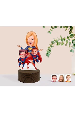 Kişiye Özel Süper Anne Ve Çocuklar Karikatürlü Dekoratif 3D Biblo