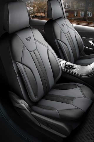 Füme - Siyah Panda Carlone Serisi Ful Deri Oto Koltuk Kılıfı - Tam Set