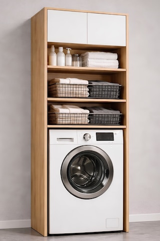 Rudu Lavin Çok Amaçlı Banyo Dolabı Düzenleyici 66x65x190 Cm 2 Kapaklı 4 Raflı Meşe - Beyaz