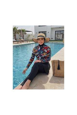 Maşuka Paraşüt Kumaş Crop Detaylı,desenli Büyük Beden Şık Kadın Tesettür Mayo 3'lü Set Pantolon,üst,bone Siyah - Desenli Siyah - Desenli