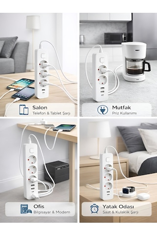 Ftr/16 3680w 16a 3 Priz, 2 Usb, 1 Type-c, 1.8 Metre Akım Korumalı