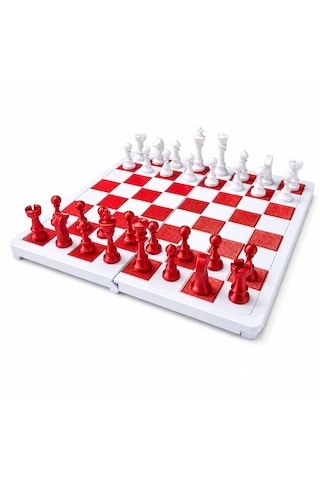 Katlanabilir Mini Satranç Takımı Beyaz & Kırmızı 21 X 21 Cm Taşınabilir Pratik Satranç Seti