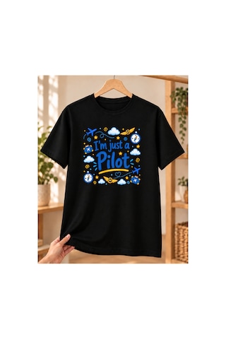 Mor Mürekkep Pilot Baskılı Siyah Tişört - Pilota Hediye Unisex