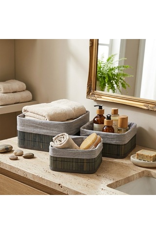 İbico İ22-328 Bambu Kenarlı Kare Organizer Sepet 3'lü Set - Gri Bezli Ahşap Altlıklı