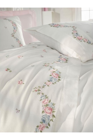 Dantela Lara Nakışlı Pamuk Saten Nevresim Takımı Krem