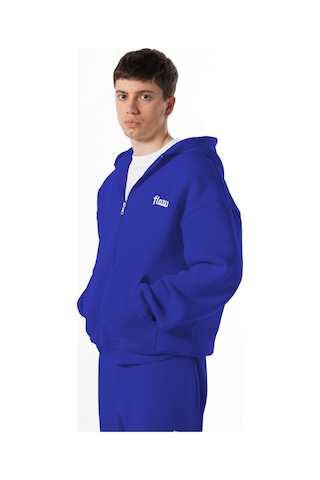 Flaw Nakışlı Zip Hoodie-28830 Saks Mavi