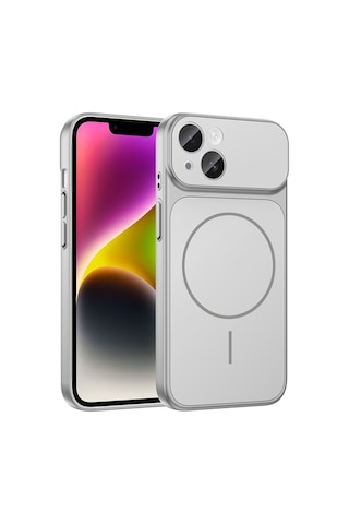 Apple Uyumlu iPhone 13 Kılıf Şarj Özellikli Kamera Lensli 1.8mm İnce Sert Formen Kapak Gümüş