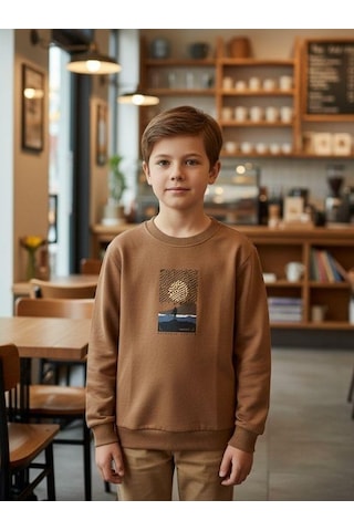 Zekids Erkek Çocuk Pamuklu Manzara Baskılı İnce Uzun Kollu Sweatshirt-16341 Kahverengi