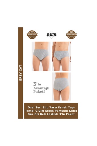 Grey Cat Özel Seri Slip Tarzı Esnek Yapı Temel Giyim Erkek Pamuklu Külot Düz Gri Beli Lastikli 3'lü Paket Gri-3