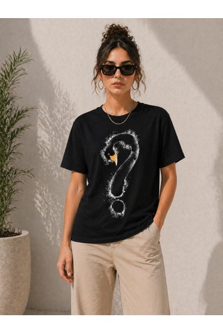 Wear Vexel Kadın Kuğu Figürlü Soru İşareti Baskılı Tişört Kısa Kol T-shirt - Siyah Siyah