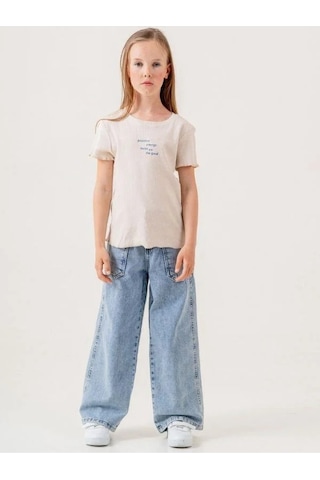 Kız Çocuk Çiçek İşlemeli Kot Ceket T-shirt İkili Takım-15600 Bej