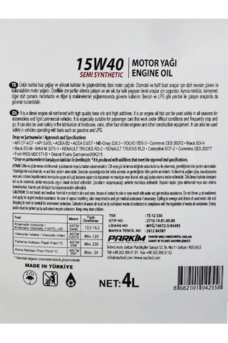 15w40 4lt Semi Synthetic Motor Yağı Engine Oil