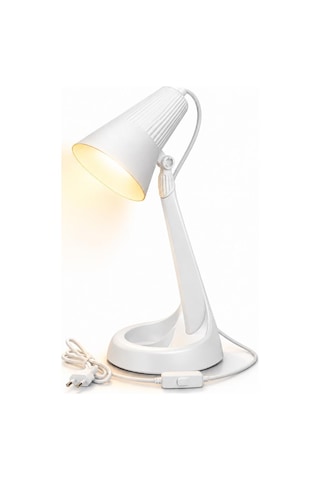 Hareketli Başlıklı Beyaz Masa Lambası E14 Duy, 3000k Sarı Işık Led Buji Ampul Hediyeli, 2 Metre Kablolu, Abs Plastik Çalışma Ve Ders Lambası