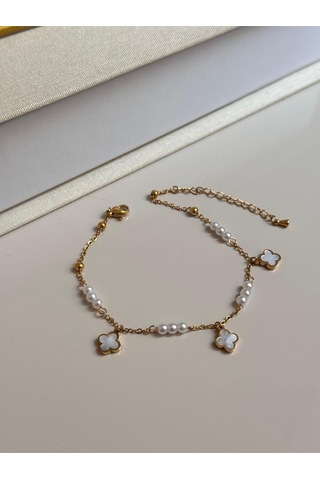 İnci Boncuklu Beyaz Çiçek Figürlü Altın Renk Kadın Halhal Altın