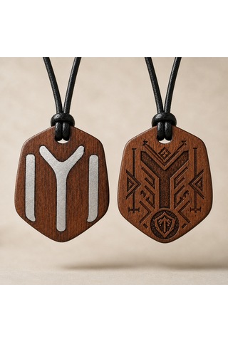 Kayı Boyu İyi Sembol Çift Taraflı Ahşap Metal Döküm Kolye - Unisex 011 - Kahverengi