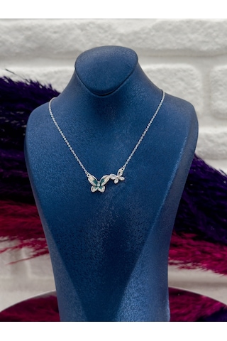 925 Ayar Gümüş Özel Tasarım Mineli Sıralı Kelebek Desenli Popüler Kadın Kolye Gümüş
