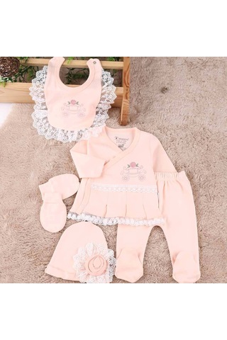 Çiçekli Araba Nakışlı Dantelli 5'li Kız Bebek Hastane Çıkışı 0-3 Ay Somon Somon